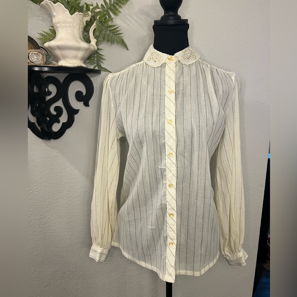 George Yazbek‎ for Gordon Peters Cream Button Up Eyelet Embroidery Collar Blouse - Picture 2 of 15